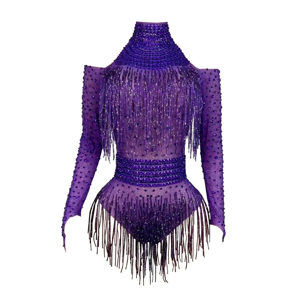3553 Sexy Sparkly Diamante High Neck Long Sleeves Fringe Bodysuit Team